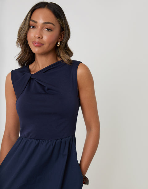 Threadbare Twist Detail 2-in-1 Midi Dress with Poplin Skirt in Navy - front view close up