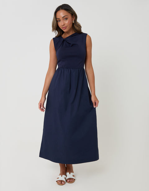 Threadbare Twist Detail 2-in-1 Midi Dress with Poplin Skirt in Navy - front view