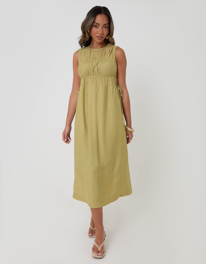 Ruched Drawstring Midi Dress Chartreuse