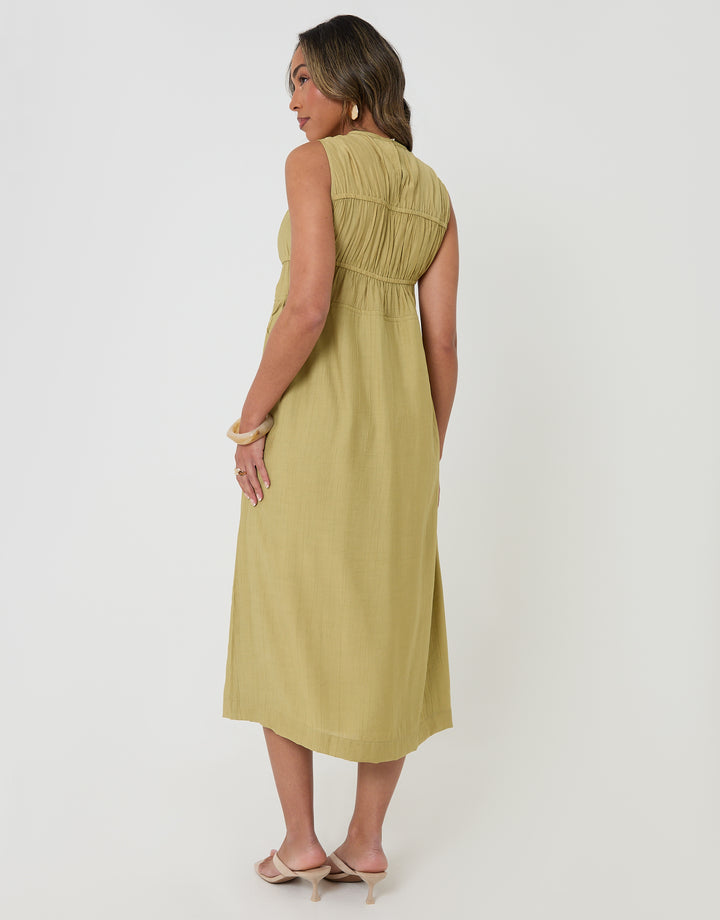 Threadbare Ruched Drawstring Midi Dress in Chartreuse - back view