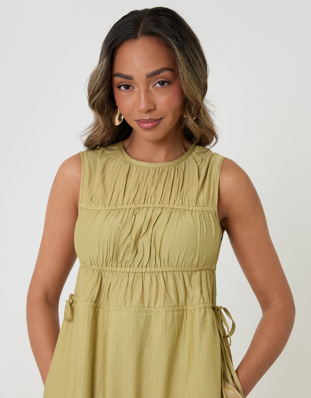 Threadbare Ruched Drawstring Midi Dress in Chartreuse - bodice close up