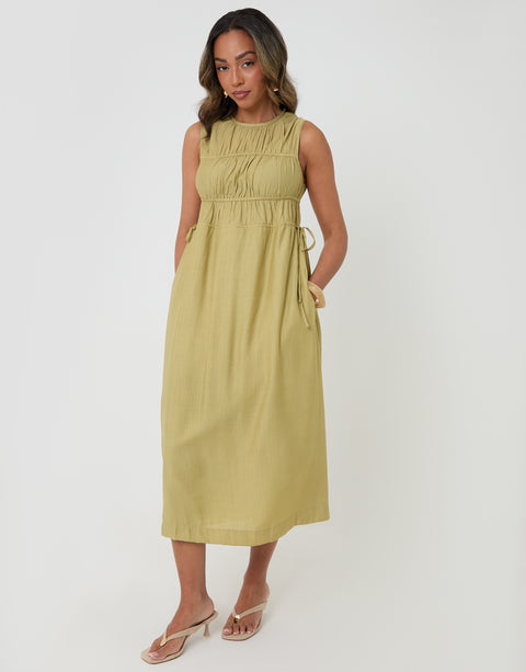 Threadbare Ruched Drawstring Midi Dress in Chartreuse - full body