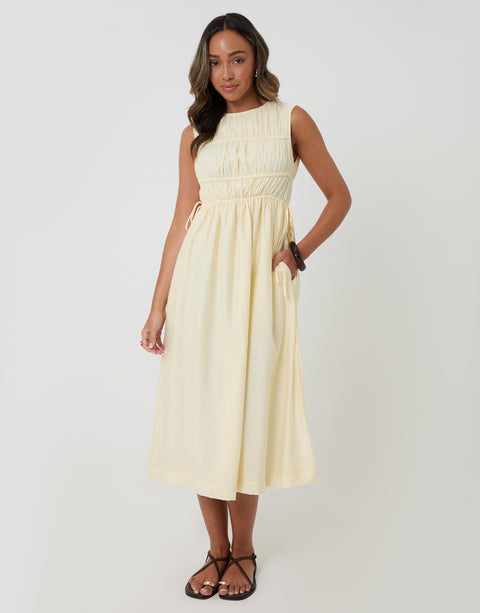 Threadbare Ruched Drawstring Midi Dress in Yellow - full body