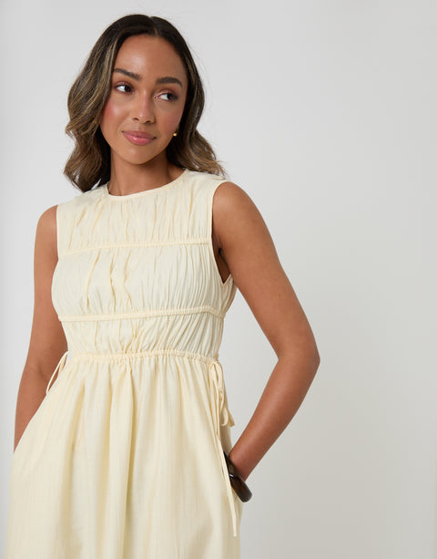 Threadbare Ruched Drawstring Midi Dress in Yellow - front view close up