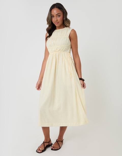 Threadbare Ruched Drawstring Midi Dress in Yellow - front view