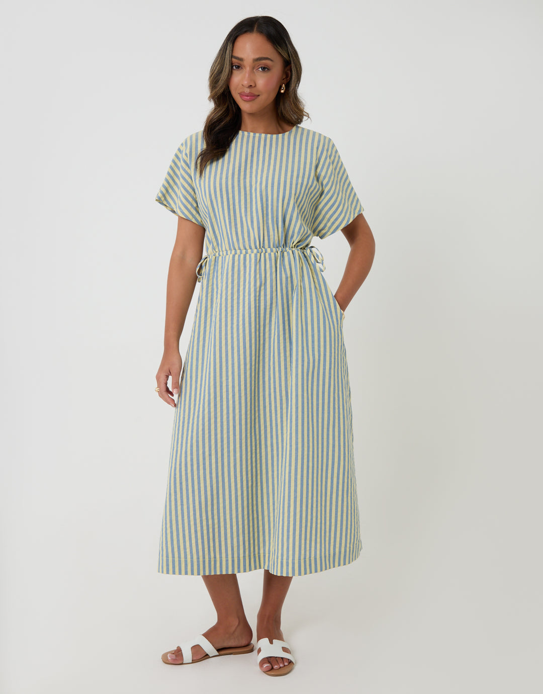 Kimono Sleeve Drawstring Waist Midi Dress in Blue & Yellow Stripe Kimono Sleeve Drawstring Waist Midi Dress in Blue & Yellow Stripe