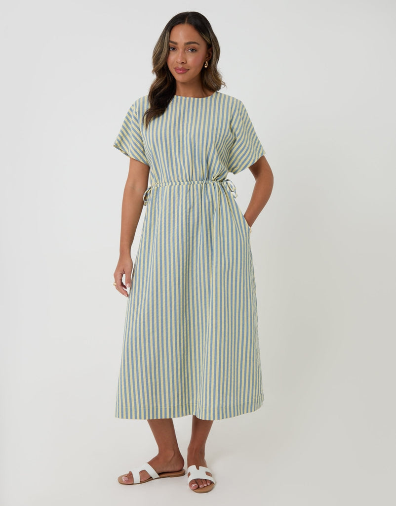 Kimono Sleeve Drawstring Waist Midi Dress & Yellow Stripe