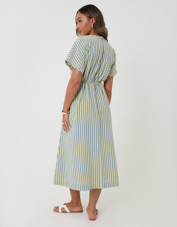 Threadbare Kimono Sleeve Drawstring Waist Midi Dress in Blue & Yellow Stripe - back view
