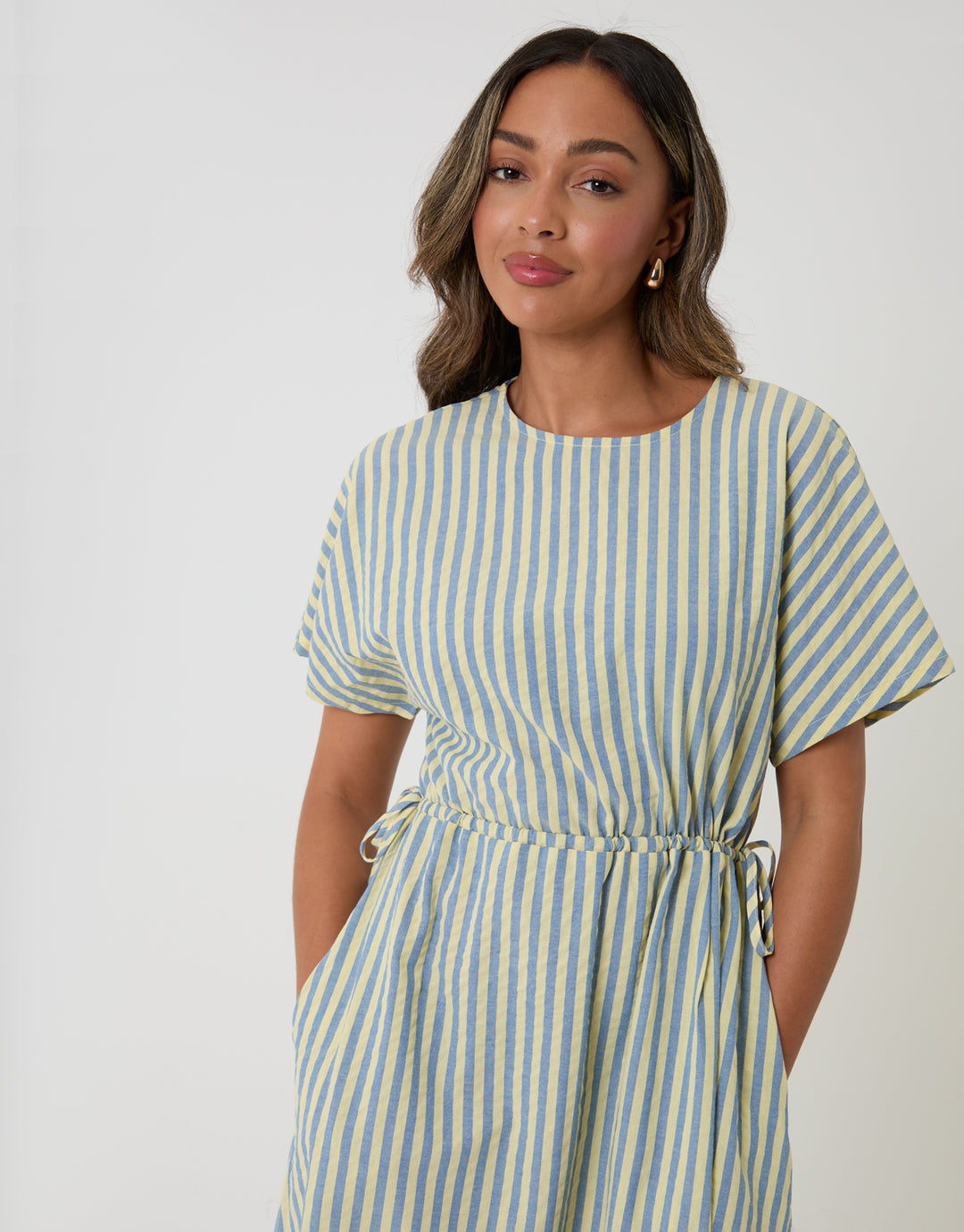 Threadbare Women's Blue & Yellow Stripe Kimono Sleeve Drawstring Waist Midi  Dress
