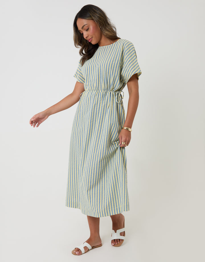 Threadbare Kimono Sleeve Drawstring Waist Midi Dress in Blue & Yellow Stripe - full body