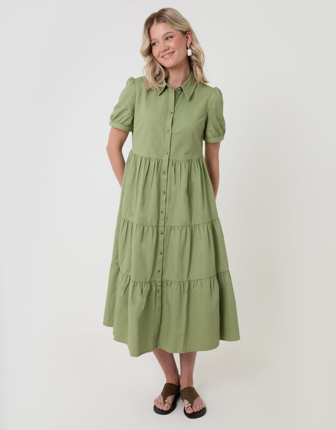 Threadbare Women's Denim Puff Sleeve Shirt Dress in Sage
