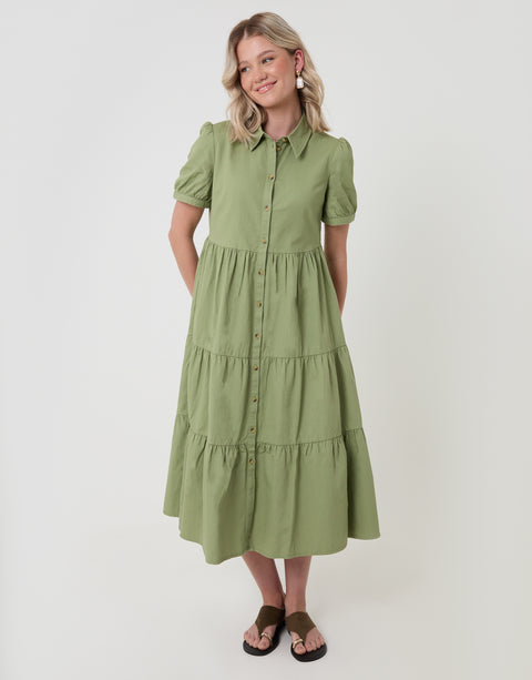 Threadbare Denim Puff Sleeve Shirt Dress in Sage - front view