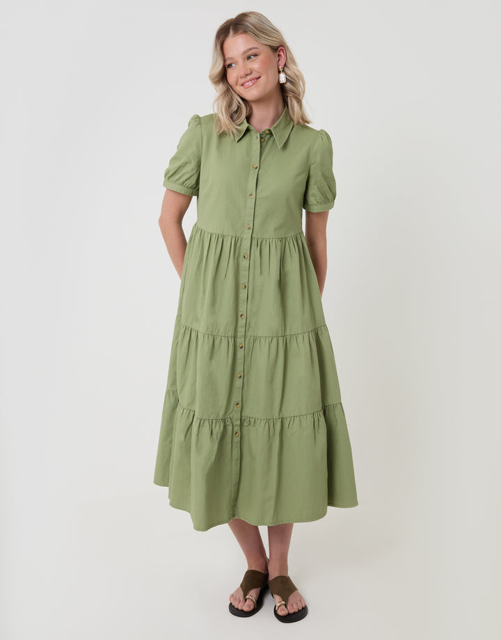 Threadbare Denim Puff Sleeve Shirt Dress in Sage - front view