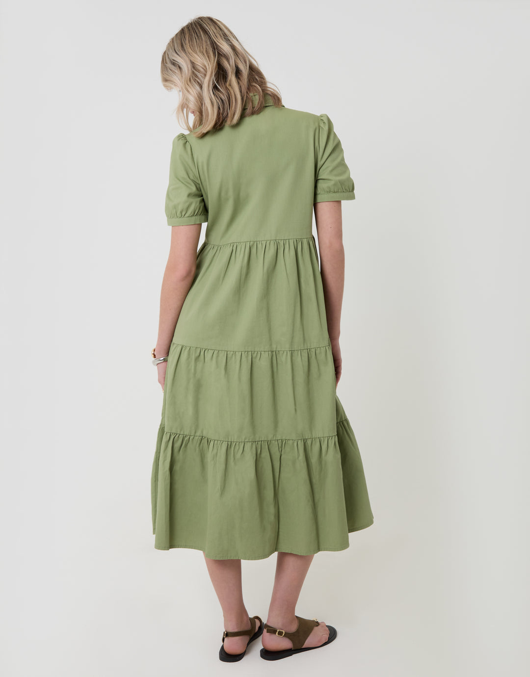 Threadbare Denim Puff Sleeve Shirt Dress in Sage - back view