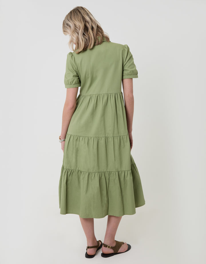 Threadbare Denim Puff Sleeve Shirt Dress in Sage - back view