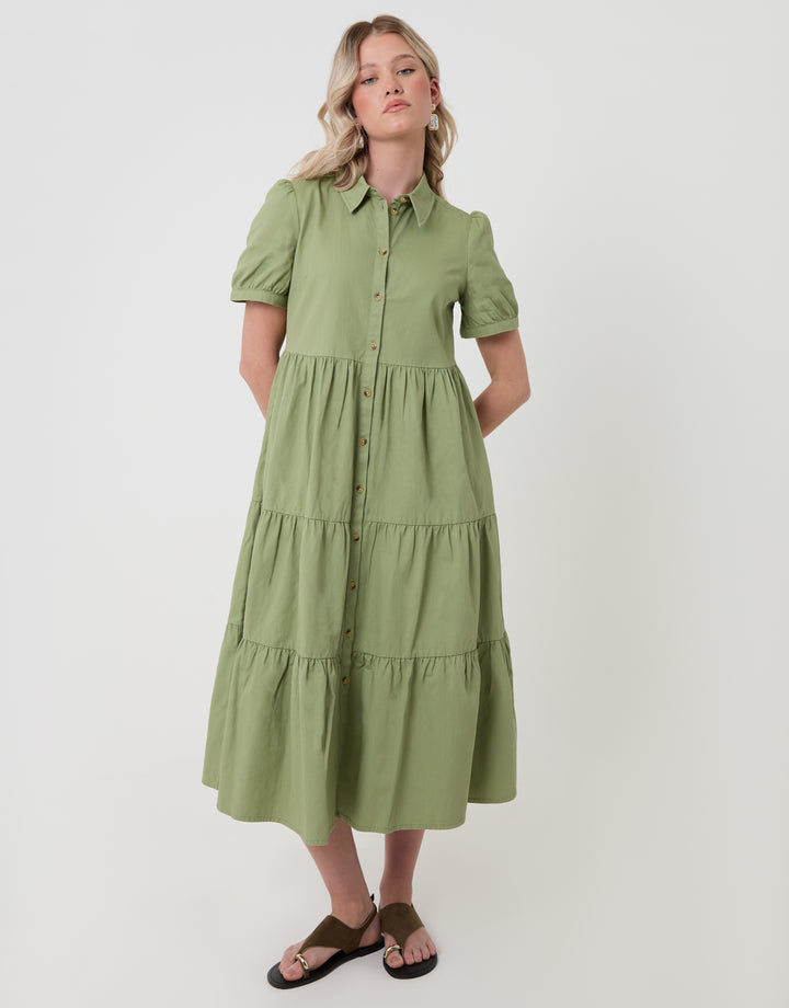 Threadbare Denim Puff Sleeve Shirt Dress in Sage - full body