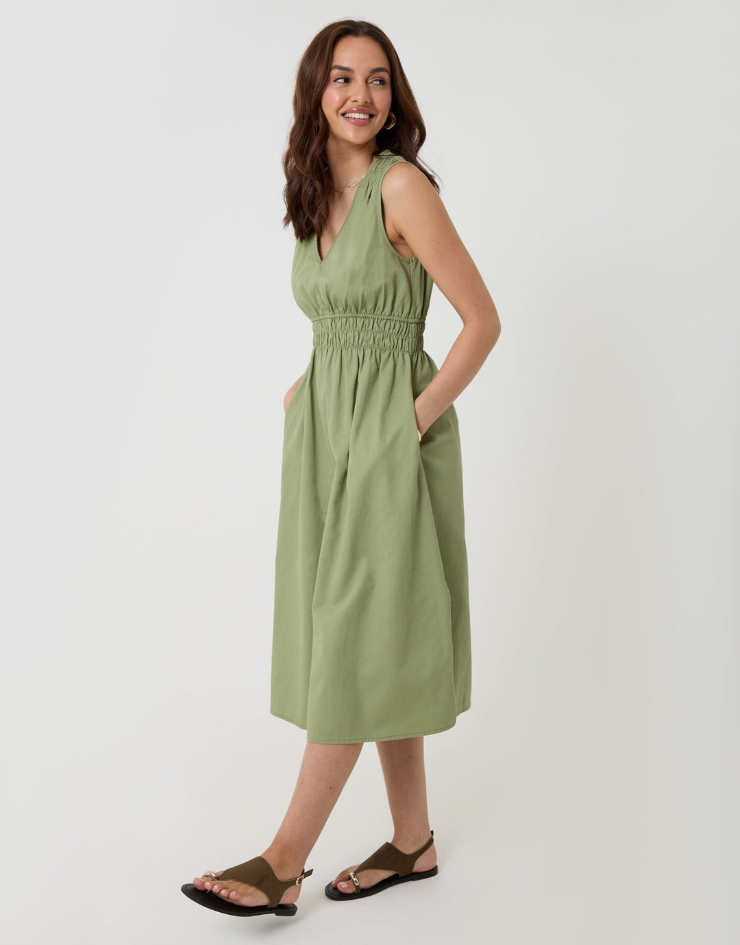 Threadbare Women's Ruched Waist Denim Midi Dress in Sage