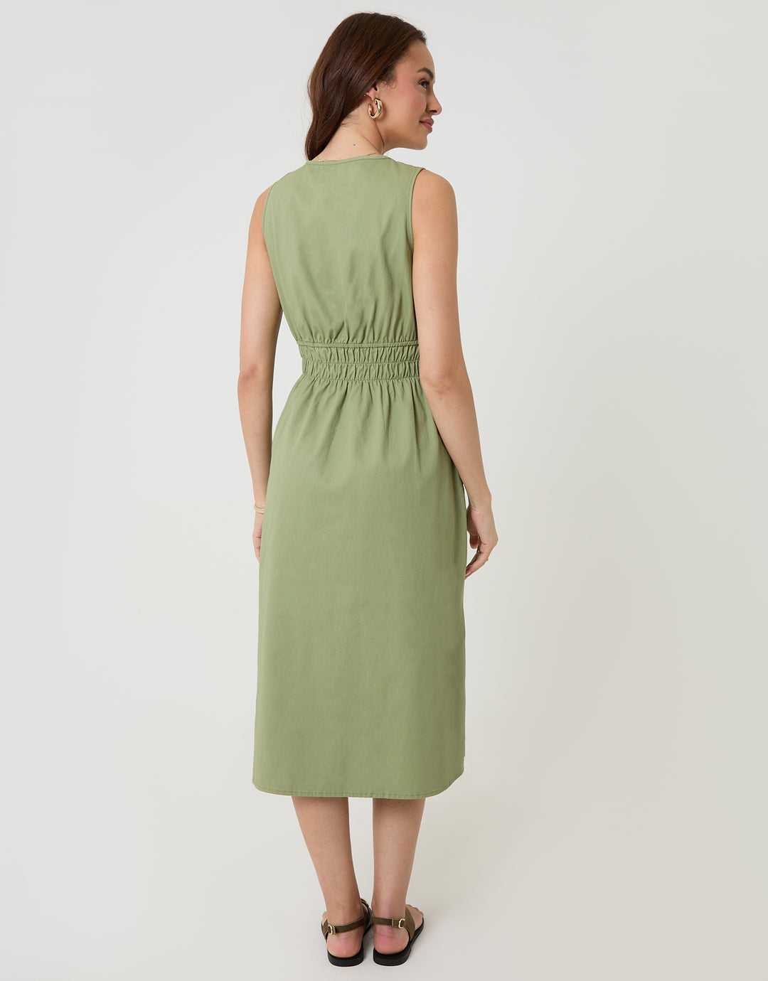 Threadbare Ruched Waist Denim Midi Dress in Sage Green - back view