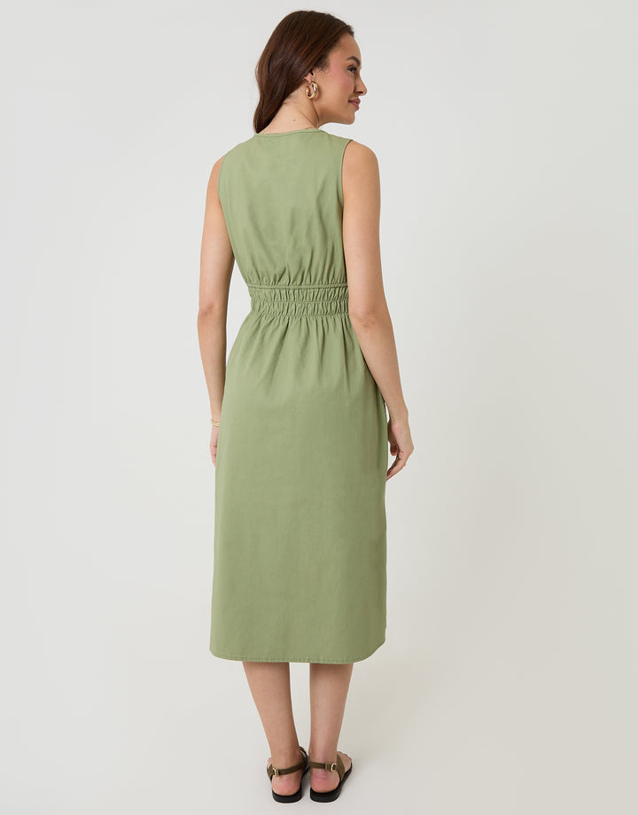 Threadbare Ruched Waist Denim Midi Dress in Sage Green - back view