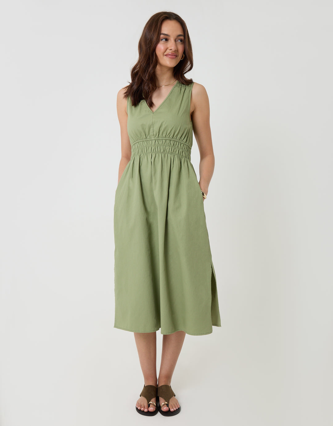 Threadbare Ruched Waist Denim Midi Dress in Sage Green - full body