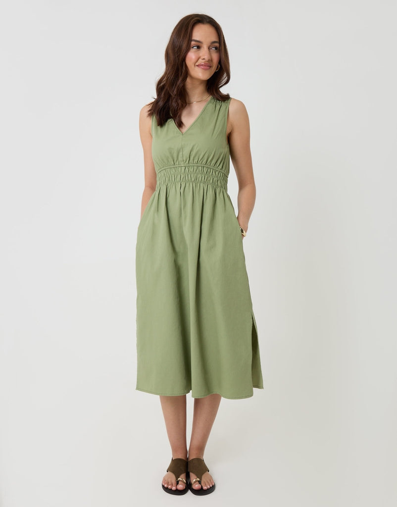 Ruched Waist Denim Midi Dress