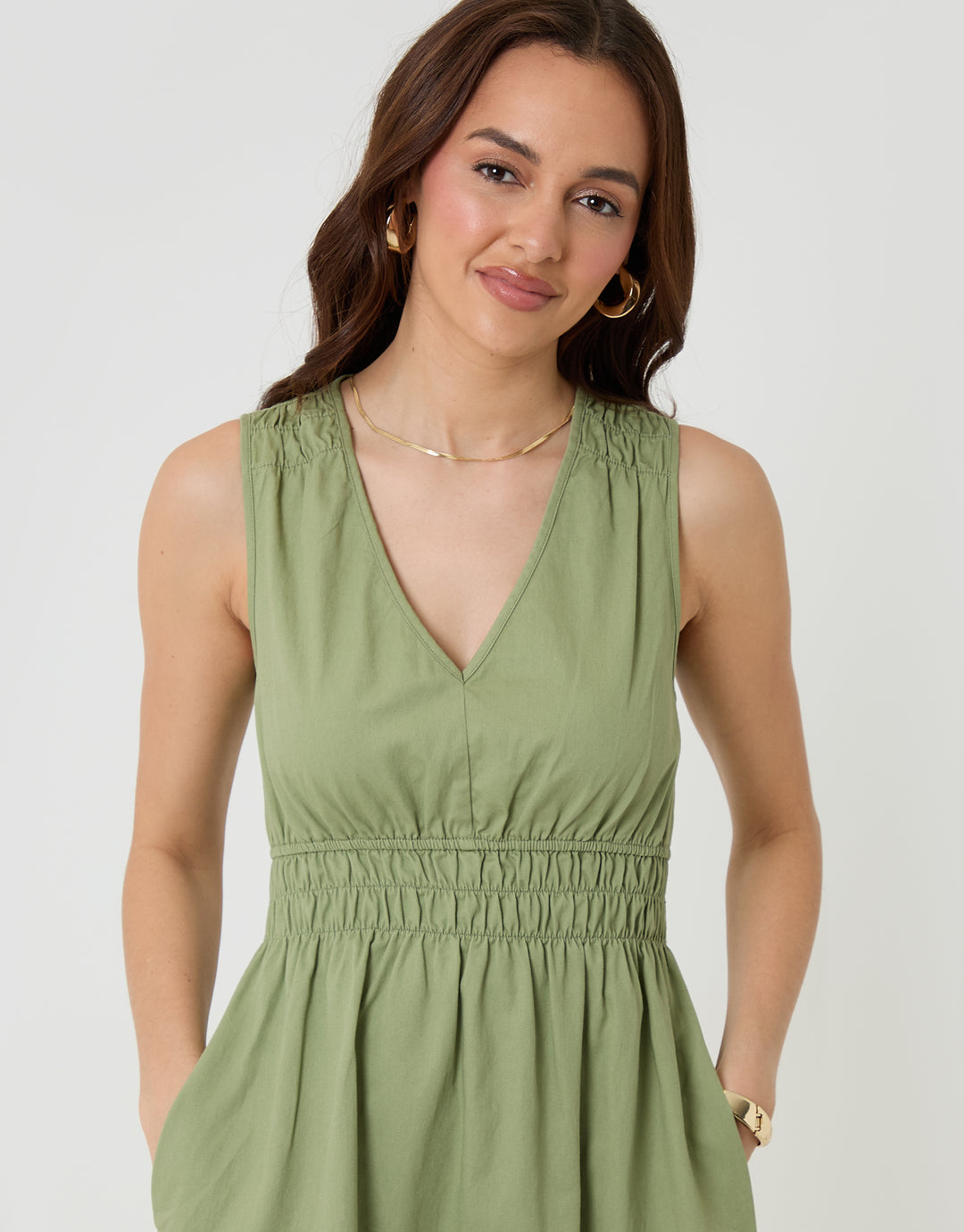 Threadbare Ruched Waist Denim Midi Dress in Sage Green - front view close up