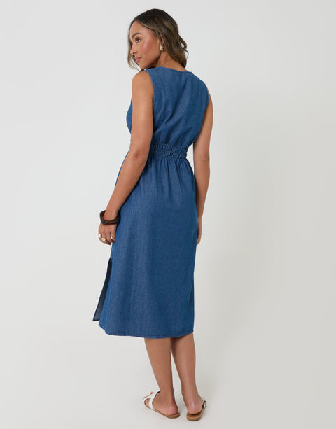 Threadbare Ruched Waist Denim Midi Dress in Mid Wash - back view