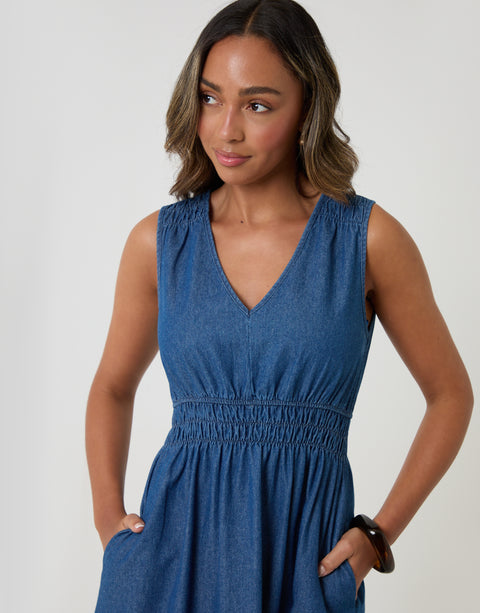 Threadbare Ruched Waist Denim Midi Dress in Mid Wash - detail view