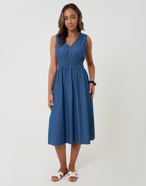 Threadbare Ruched Waist Denim Midi Dress in Mid Wash - full outfit view hands by side