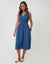 Ruched Waist Denim Midi Dress in Mid Wash