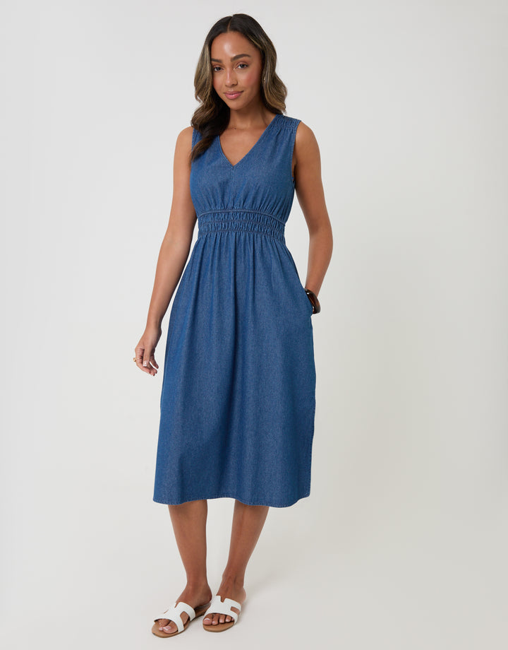 Threadbare Ruched Waist Denim Midi Dress in Mid Wash - full view hand in pocket