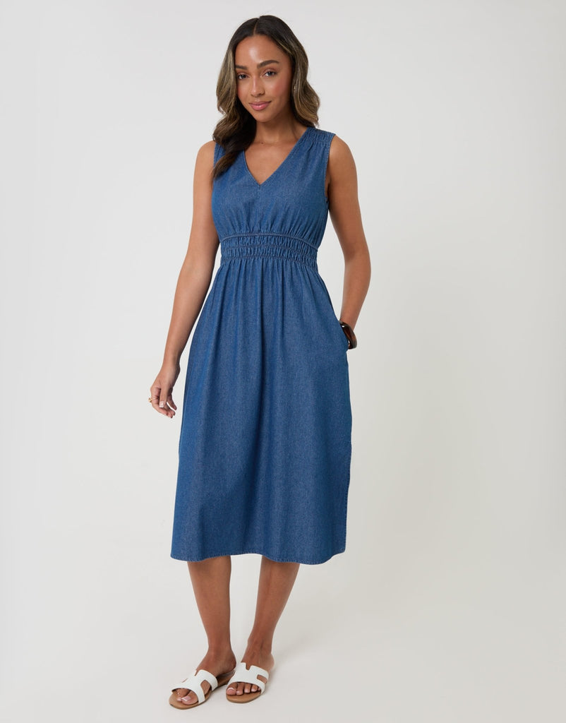 Ruched Waist Denim Midi Dress Mid Wash