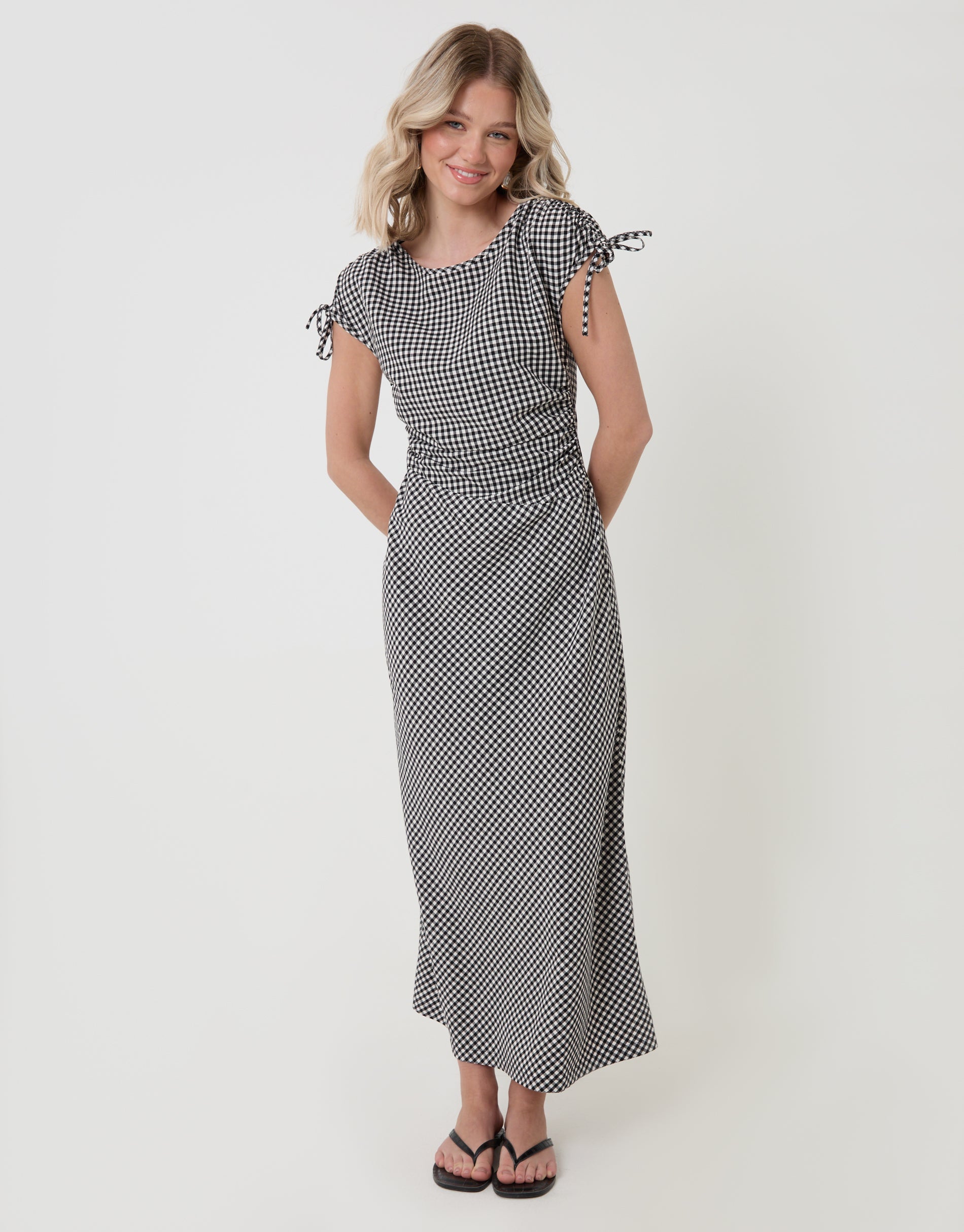 Ruched Midi Dress with Shoulder Tie Details in Mono Gingham