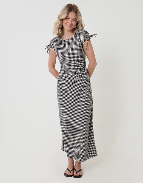 Threadbare Ruched Midi Dress with Shoulder Tie Details in Mono Gingham  - full body, smiling