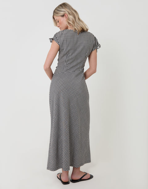 Threadbare Ruched Midi Dress with Shoulder Tie Details in Mono Gingham - back view