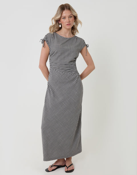 Threadbare Ruched Midi Dress with Shoulder Tie Details in Mono Gingham  - full body