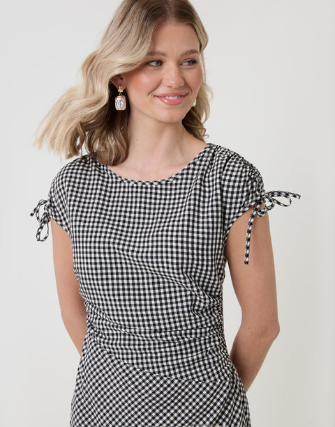 Threadbare Ruched Midi Dress with Shoulder Tie Details in Mono Gingham  - shoulders close up