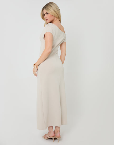 Threadbare Petite Off Shoulder Draped Jersey Maxi Dress in Ecru- back view