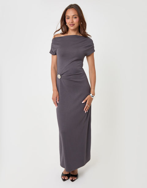 Threadbare Off Shoulder Draped Jersey Maxi Dress in Charcoal Grey - front view