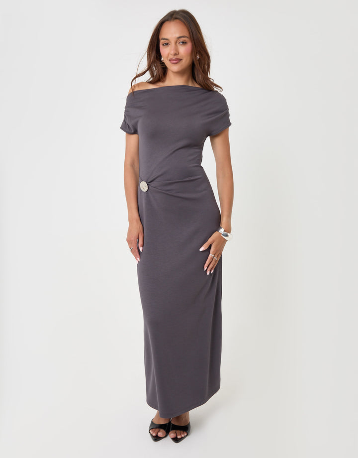 Threadbare Off Shoulder Draped Jersey Maxi Dress in Charcoal Grey - front view