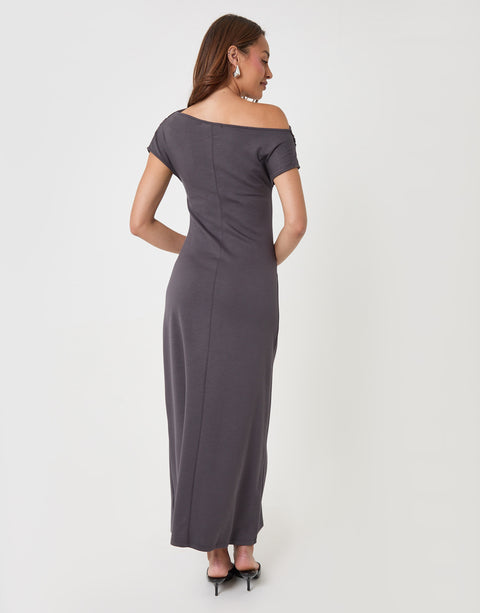 Threadbare Off Shoulder Draped Jersey Maxi Dress in Charcoal Grey - back view