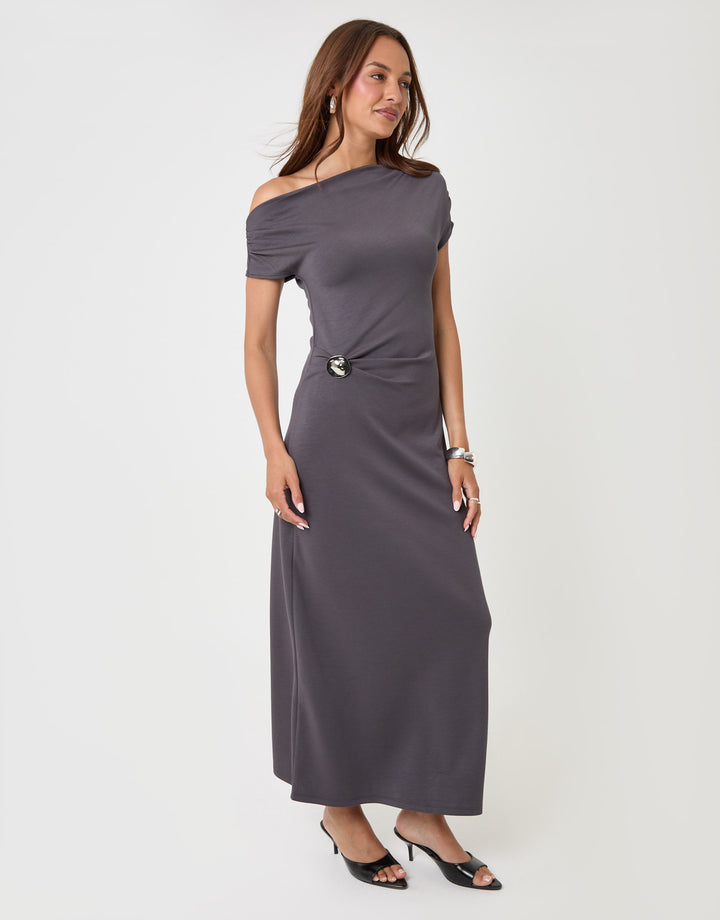 Threadbare Off Shoulder Draped Jersey Maxi Dress in Charcoal Grey - full body