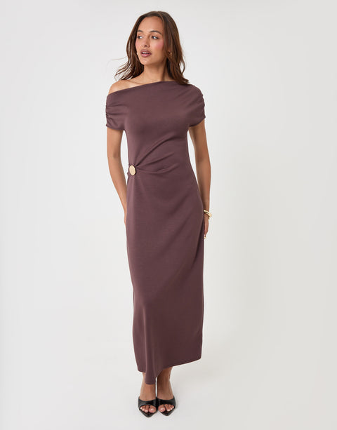 Threadbare Off Shoulder Draped Jersey Maxi Dress in Chocolate Brown - front view