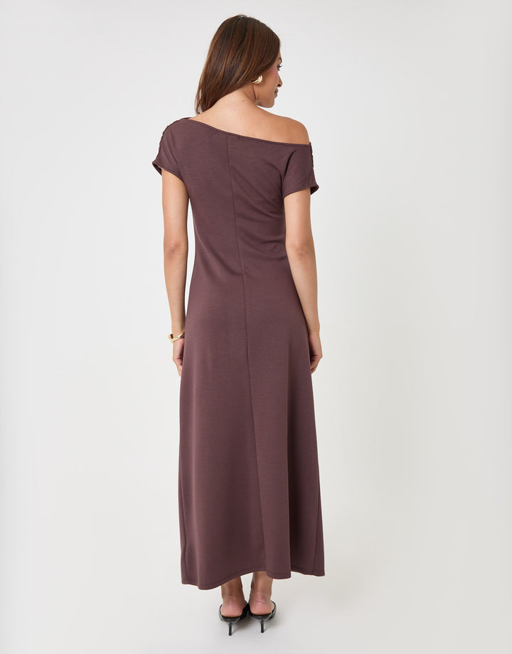 Threadbare Off Shoulder Draped Jersey Maxi Dress in Chocolate Brown - back view