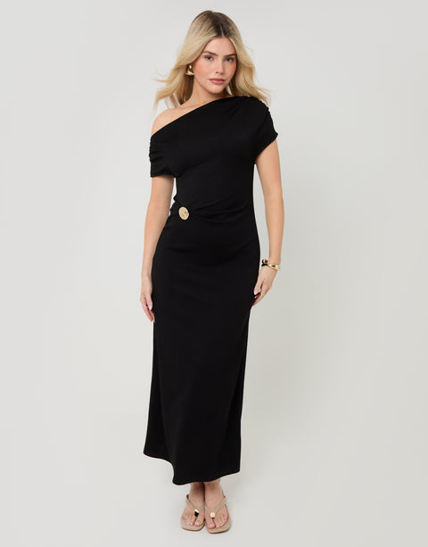 Threadbare Off Shoulder Draped Jersey Maxi Dress in Black - full body