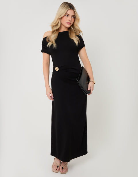 Threadbare Off Shoulder Draped Jersey Maxi Dress in Black - full body with handbag