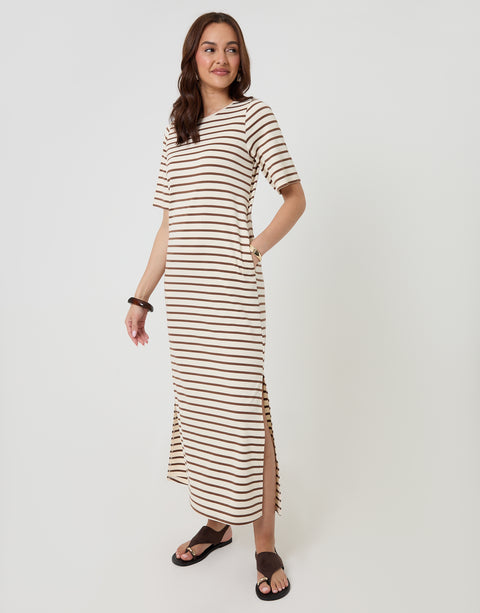 Threadbare Jersey Maxi T-Shirt Dress in Mocha Brown Stripe - front view