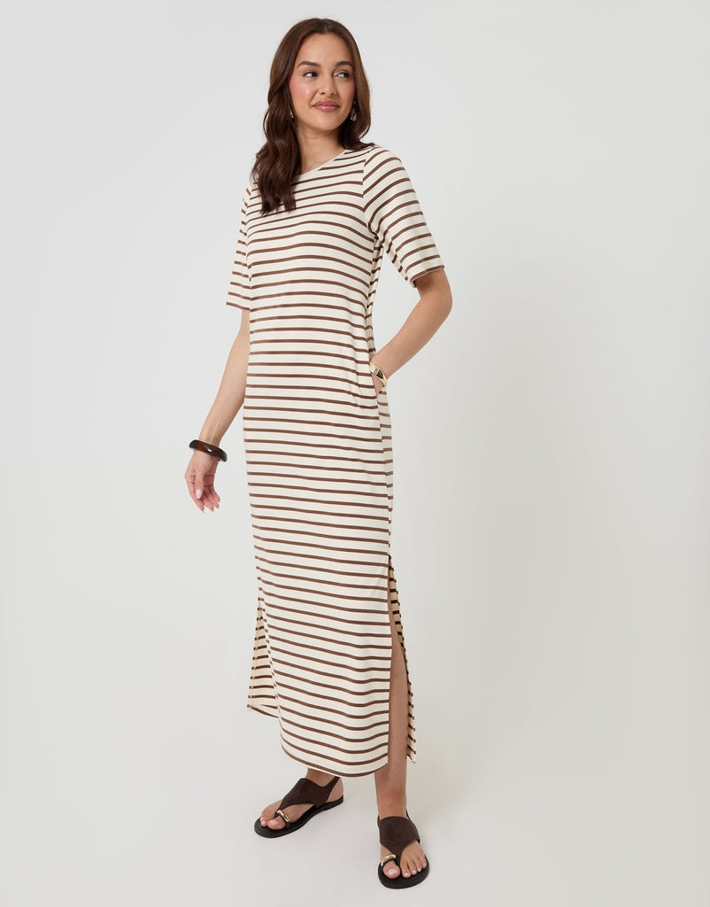 Jersey Maxi T Shirt Dress Mocha Stripe