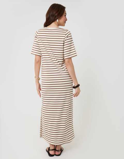 Threadbare Jersey Maxi T-Shirt Dress in Mocha Brown Stripe - back view
