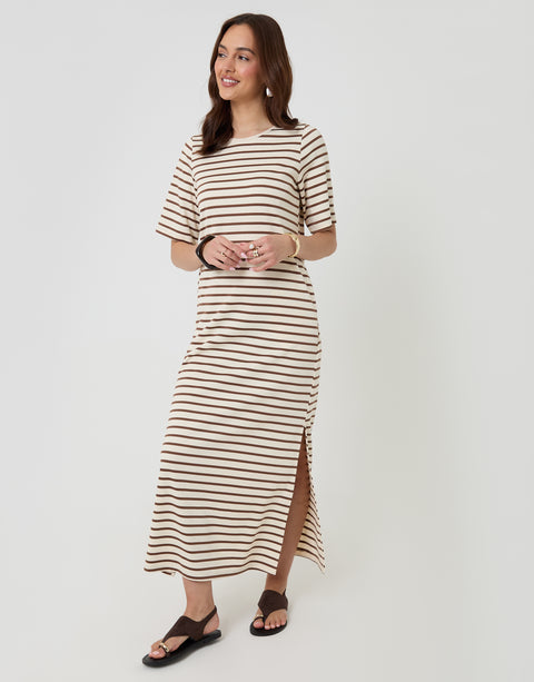 Threadbare Jersey Maxi T-Shirt Dress in Mocha Brown Stripe - full body
